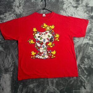 Vintage Y2k Christmas Peanuts Snoopy Tree Short Sleeve Red Shirt Size 2XL